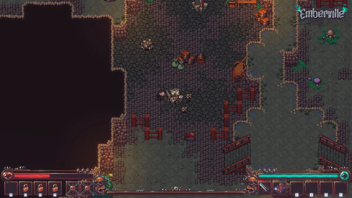 Emberville dark dungeon passage patrolled by small enemies