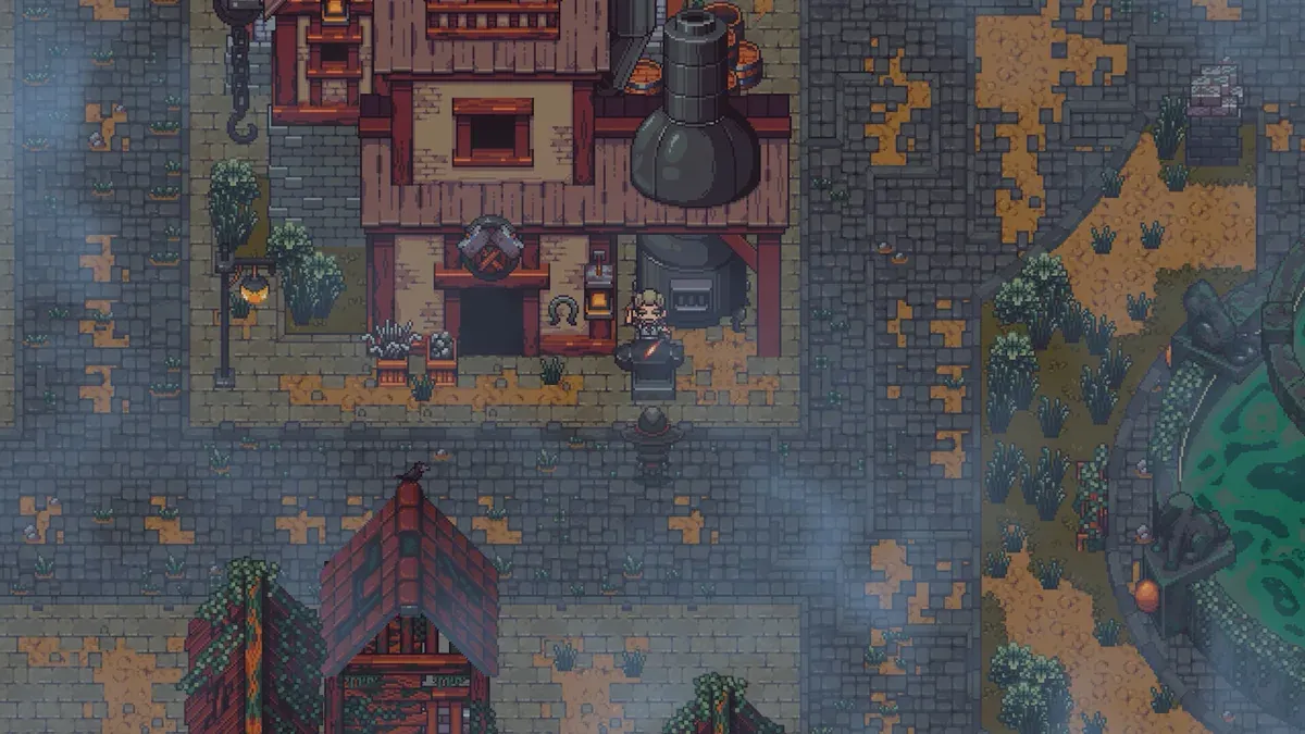 Emberville workshop interior with a cauldron, chests and crafting stations