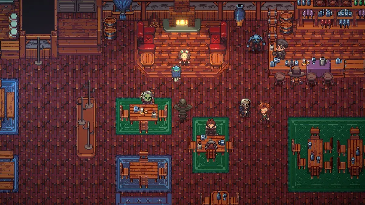 Emberville tavern interior with tables, furnishings and townsfolk